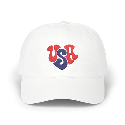 USA Heart Dad Cap — Retro Red & Blue Embroidered Baseball Hat