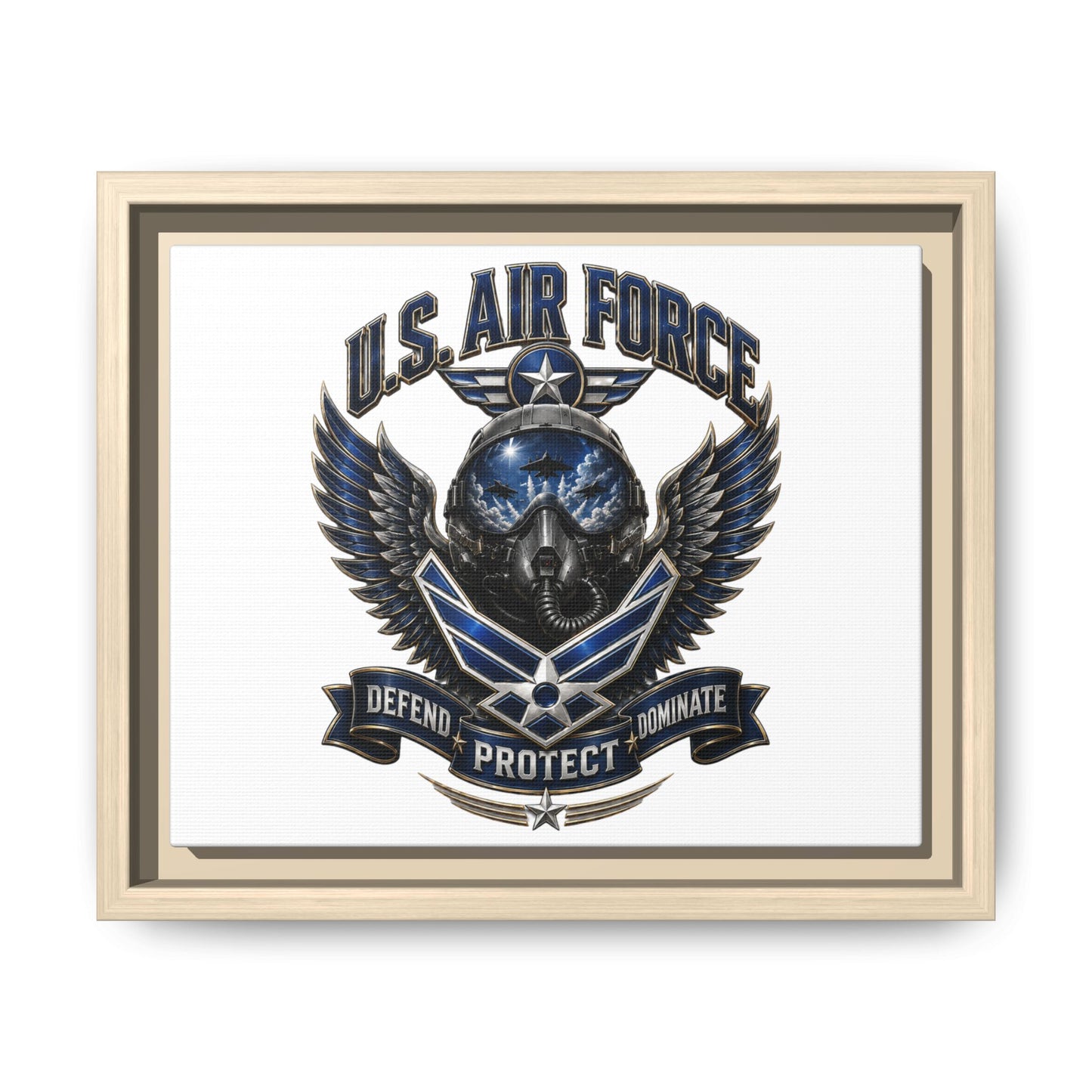 U.S. Air Force Emblem Framed Canvas Print – "Defend Protect Dominate" Military Wall Art