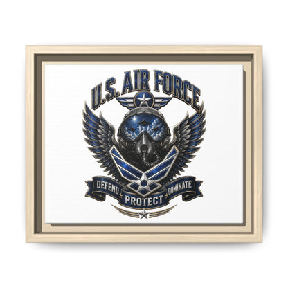U.S. Air Force Emblem Framed Canvas Print – "Defend Protect Dominate" Military Wall Art