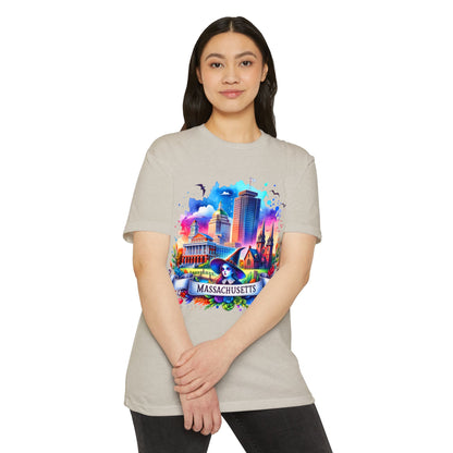 Massachusetts Watercolor Cityscape T-Shirt — Colorful State Landmark Tee