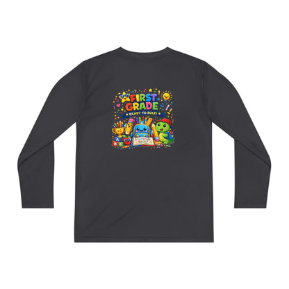 First Grade Ready Youth Long Sleeve Tee — "First Grade Here I Come" Back-to-School Shirt