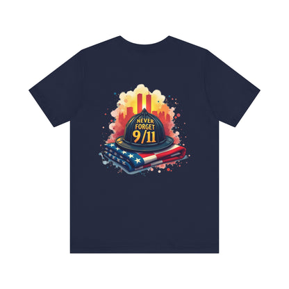 Never Forget 9/11 Memorial T-Shirt — Firefighter Helmet & Flag Tribute Tee