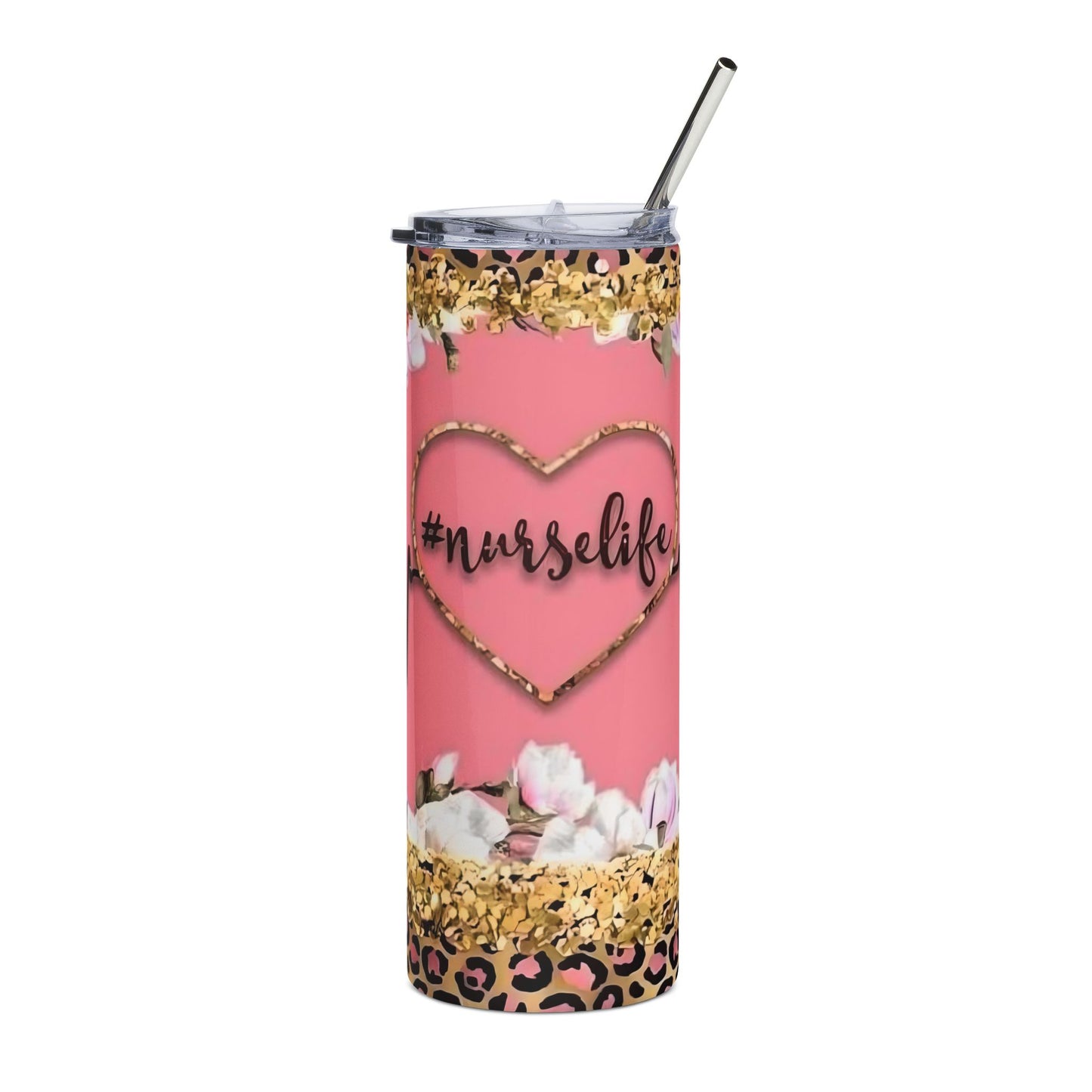 Nurse Life 20oz Stainless Tumbler — Pink Floral & Leopard Heart Design
