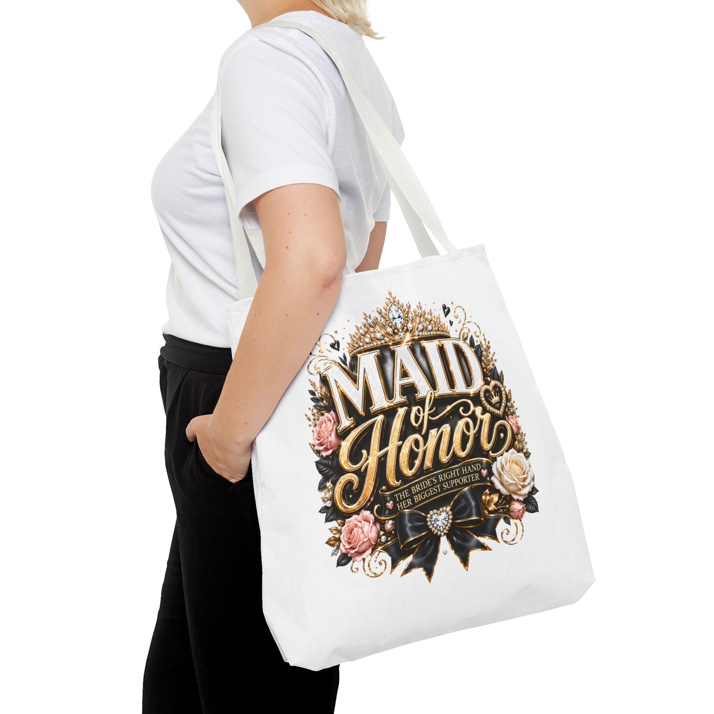 Maid of Honor Tote Bag — Elegant Bridal Party Gift with Gold Crown Floral Design