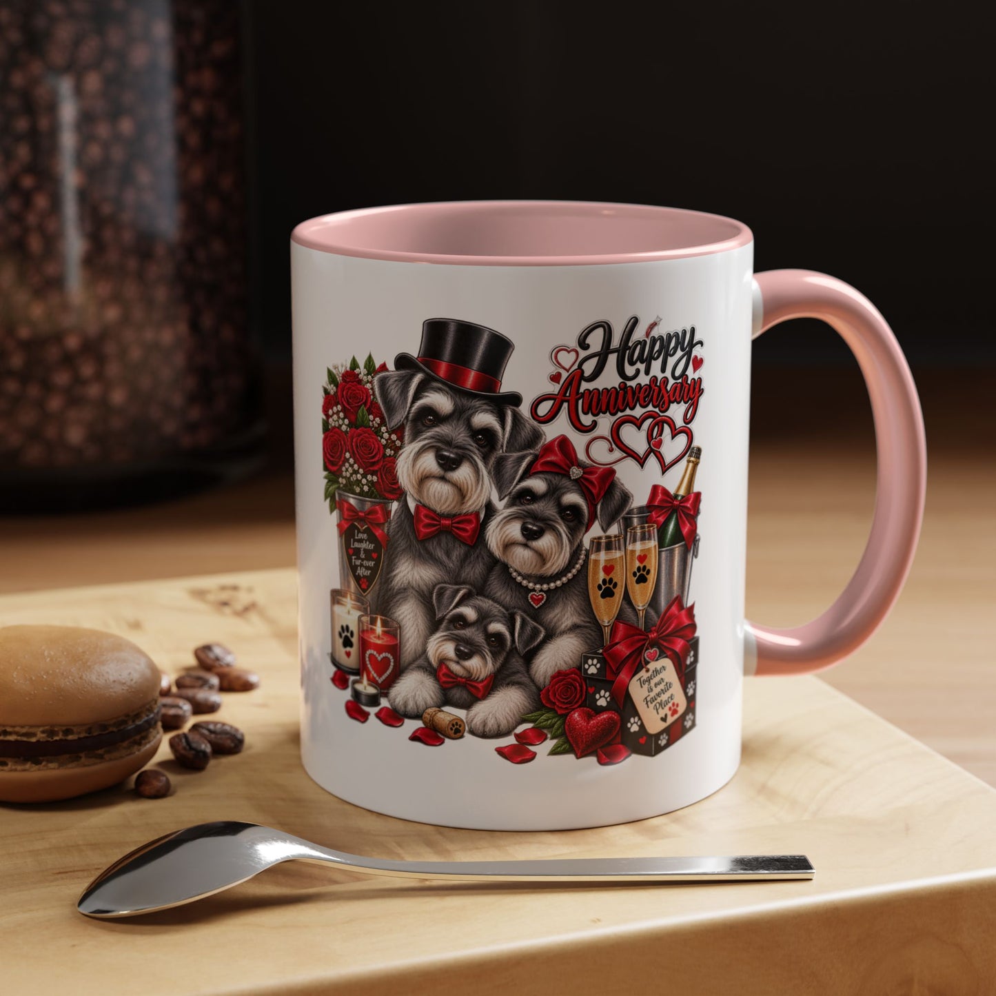 Happy Anniversary Dog Coffee Mug — Cute Pups, Champagne & Roses Accent Mug