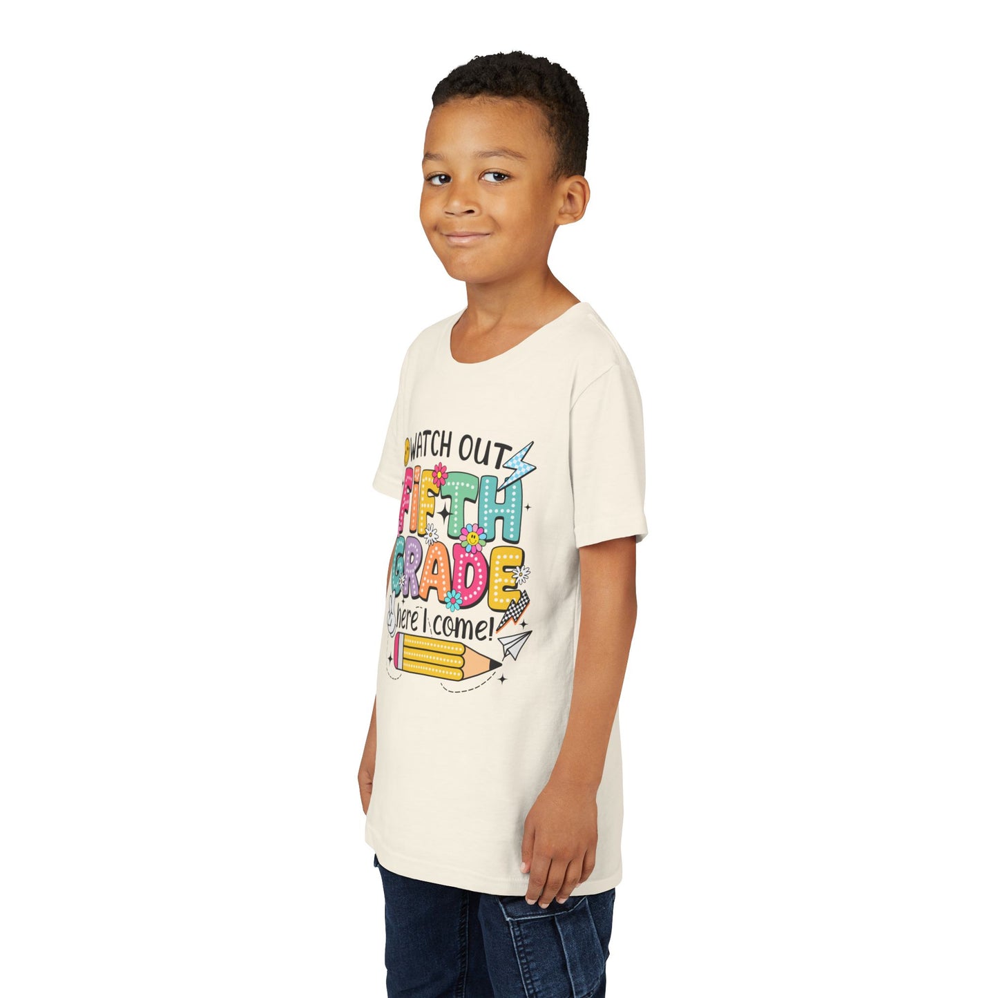 Fifth Grade Here I Come Youth Tee — Colorful Back-to-School Kids Shirt