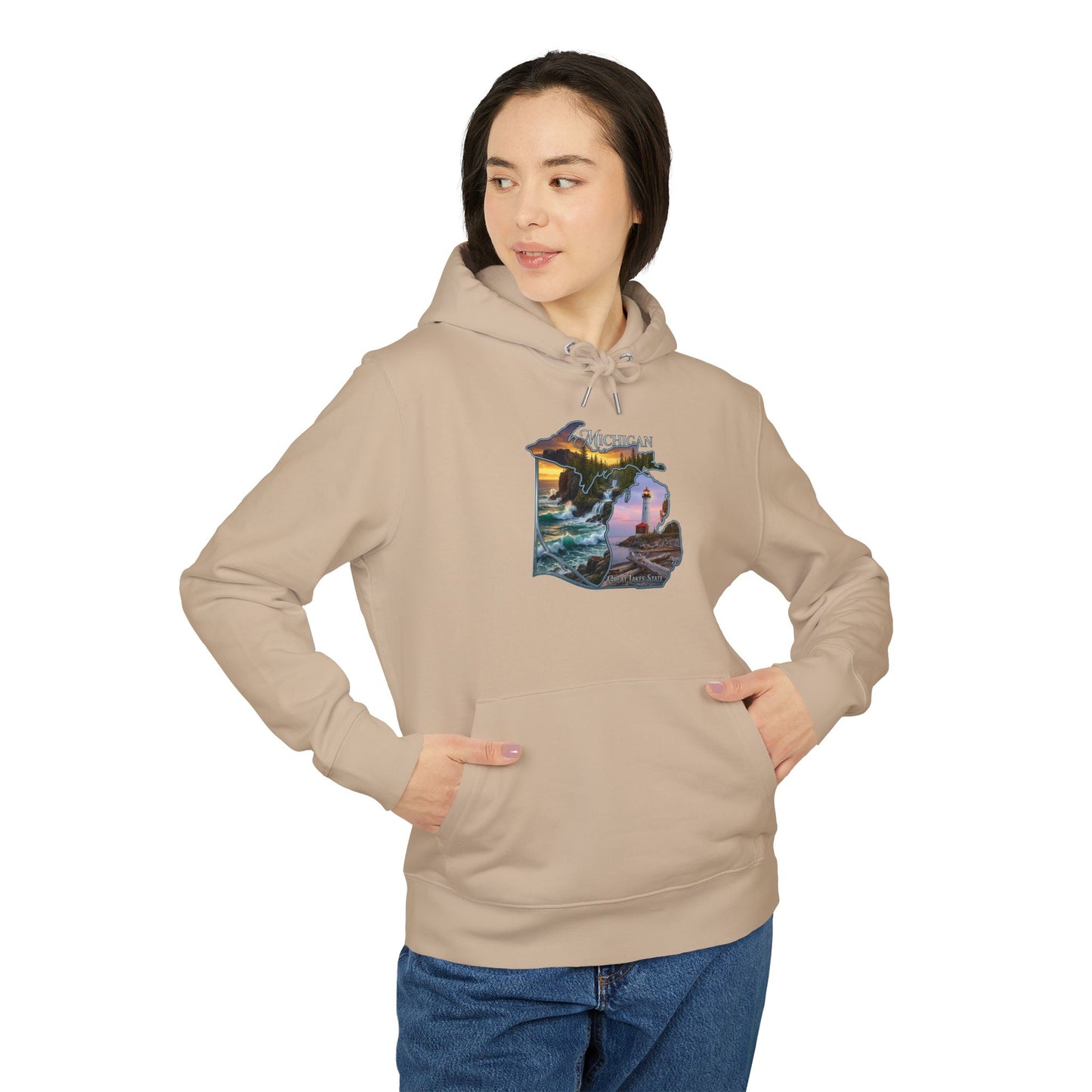 Michigan Lakeshore Hoodie — Scenic Lighthouse Sunset State Silhouette