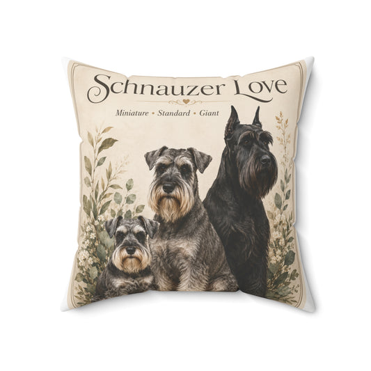 Schnauzer Love Throw Pillow — Decorative Dog Breed Cushion (Miniature, Standard, Giant)