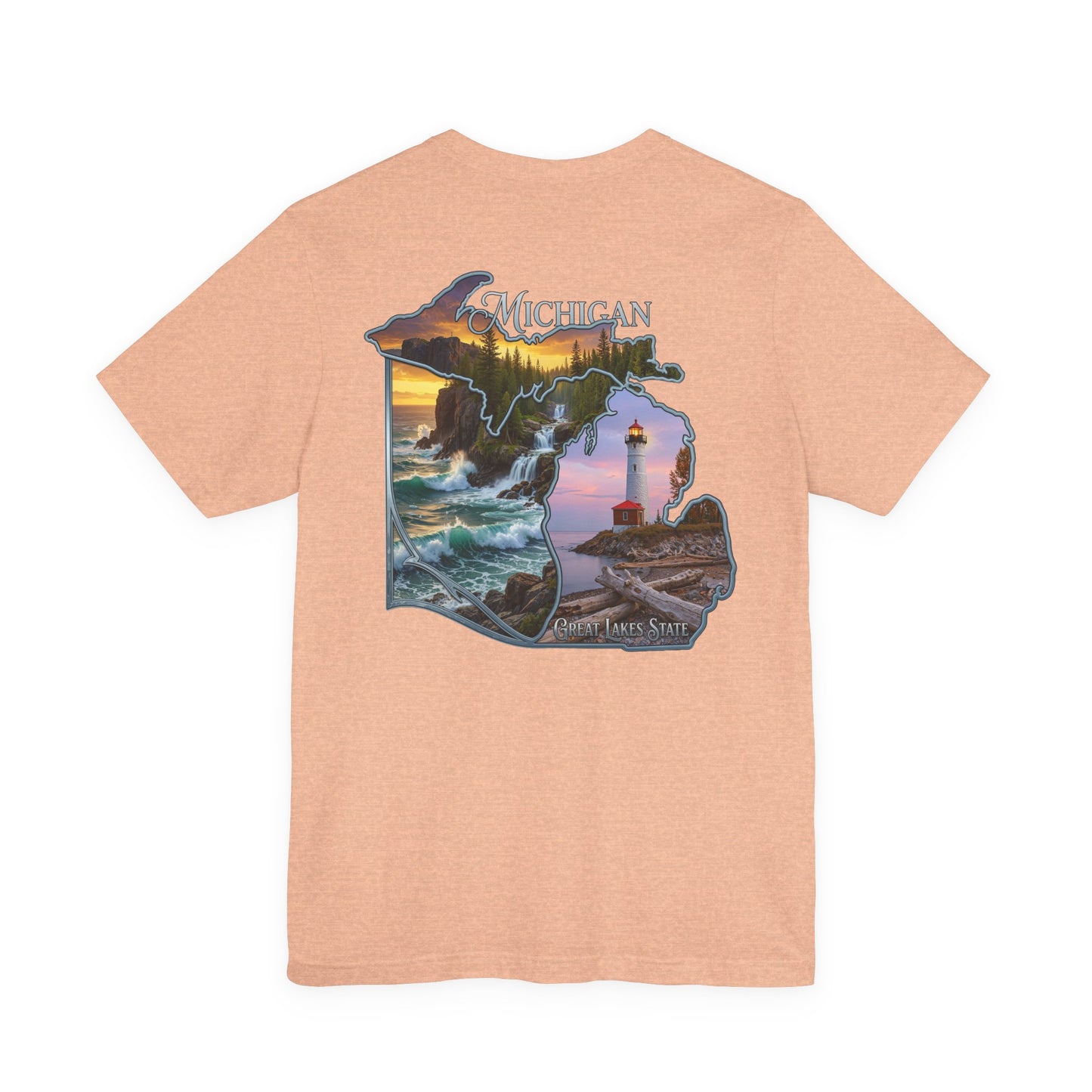 Michigan Scenic Map T-Shirt — Great Lakes Lighthouse Sunset Tee