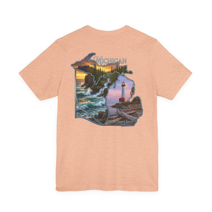 Michigan Scenic Map T-Shirt — Great Lakes Lighthouse Sunset Tee