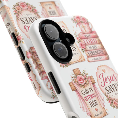 Christian Phone Case — Jesus Saves Floral Tough Case with 'God Is Within Her' & 'Trust God' Design