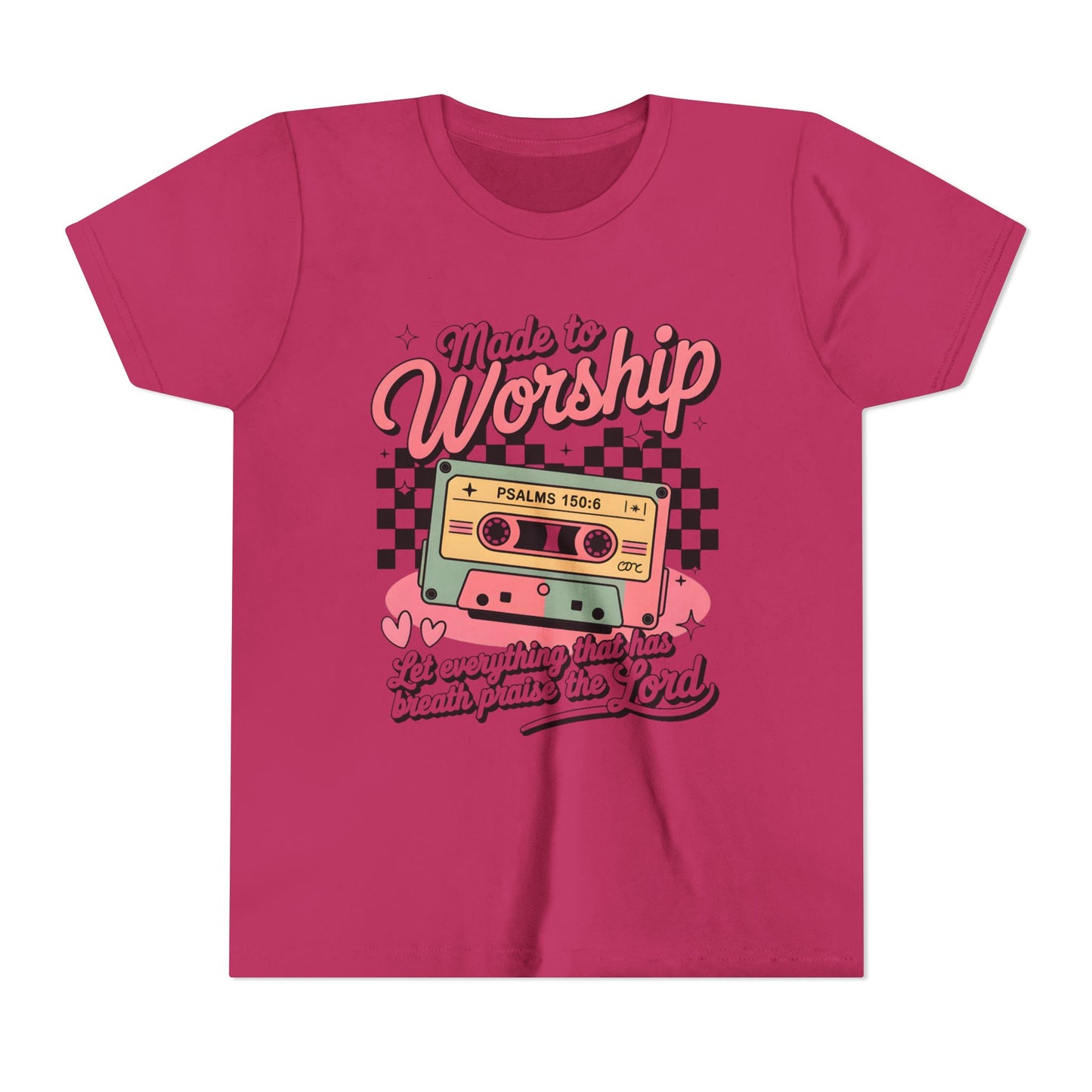 Made to Worship Youth Tee – Retro Cassette Christian Kids Shirt (Psalms 100:4)