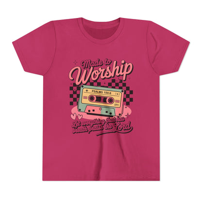 Made to Worship Youth Tee – Retro Cassette Christian Kids Shirt (Psalms 100:4)