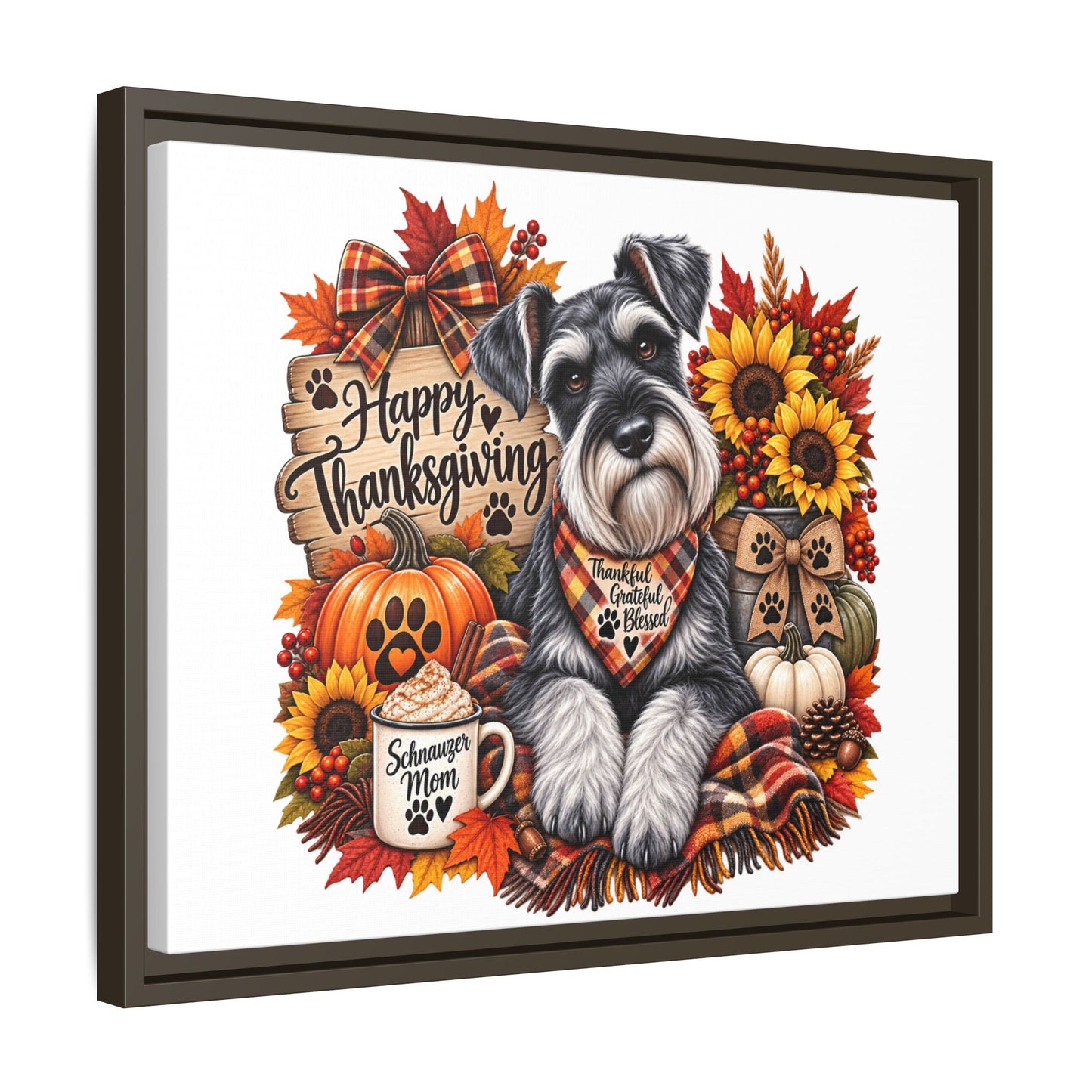 Happy Thanksgiving Schnauzer Framed Canvas — Autumn Dog Wall Art
