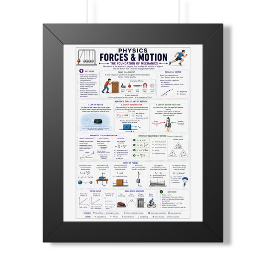Forces & Motion Physics Poster — Framed Educational Chart