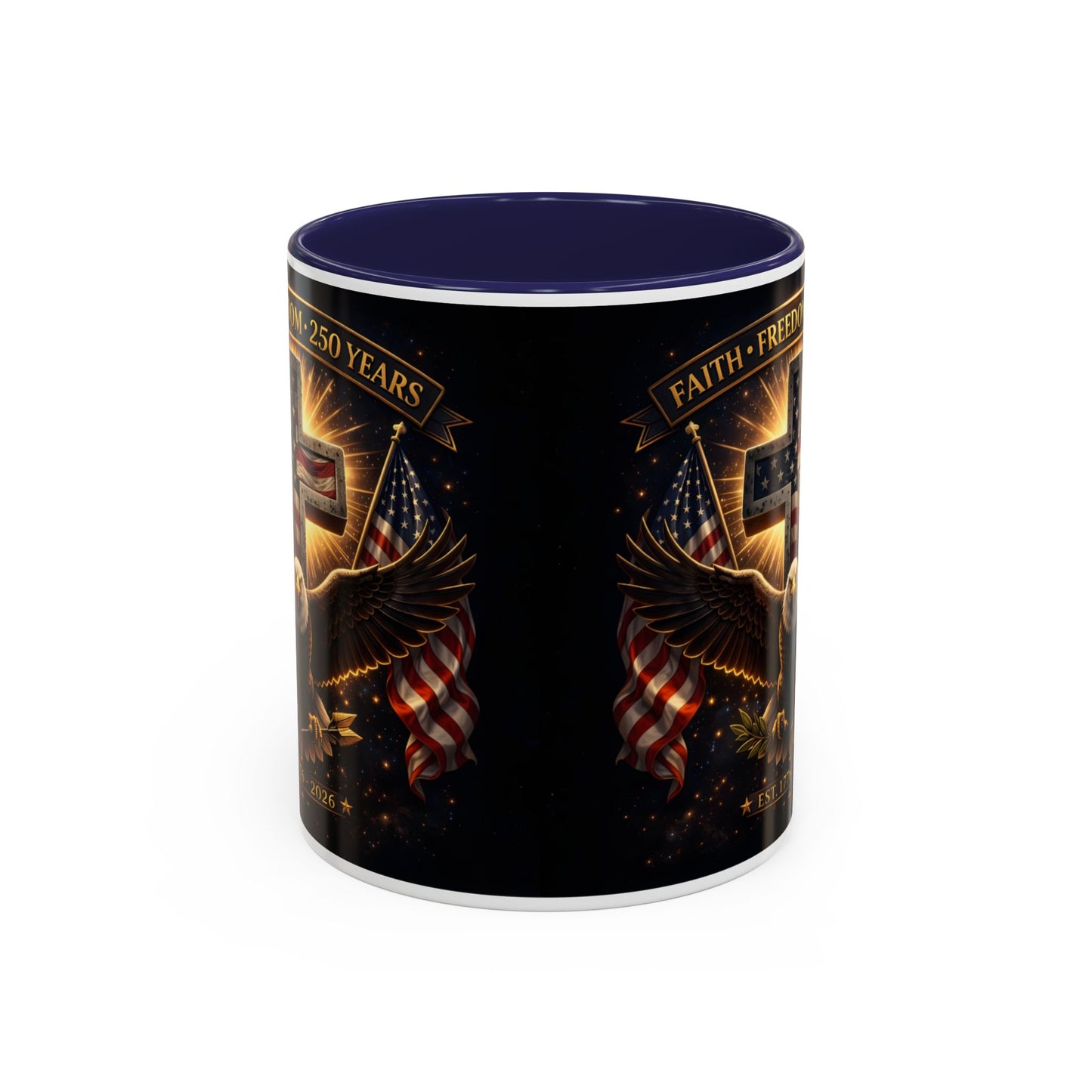 Patriotic Faith & Freedom Accent Coffee Mug — Eagle, Cross & American Flag (1776–2026)
