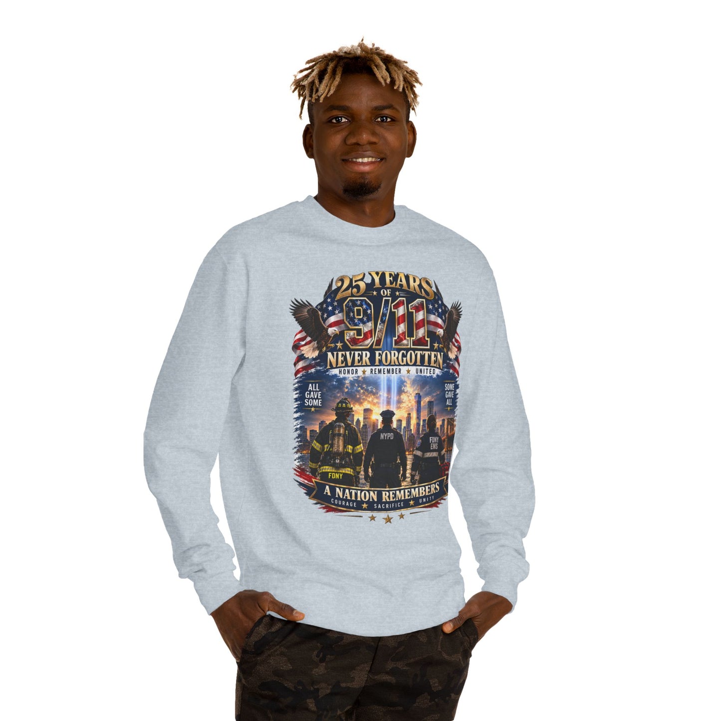 9/11 Never Forgotten Crewneck Sweatshirt — 25 Years Memorial Tribute