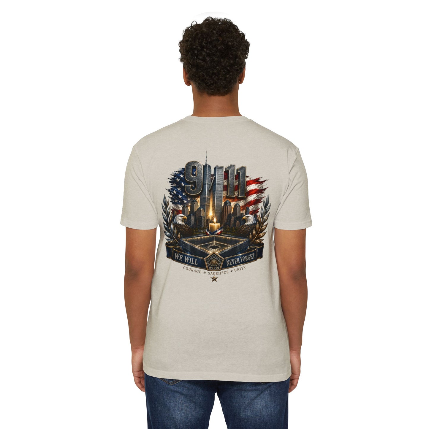 9/11 Never Forget Memorial T-Shirt — Tribute American Flag Skyline Tee
