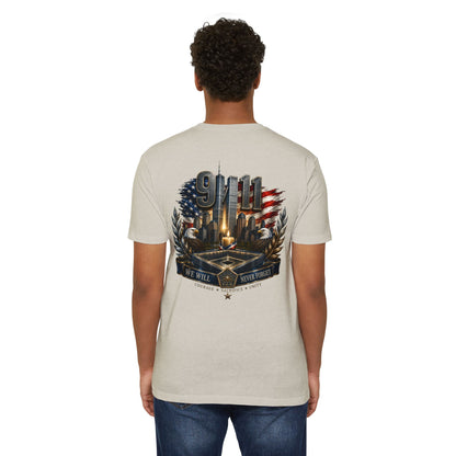 9/11 Never Forget Memorial T-Shirt — Tribute American Flag Skyline Tee