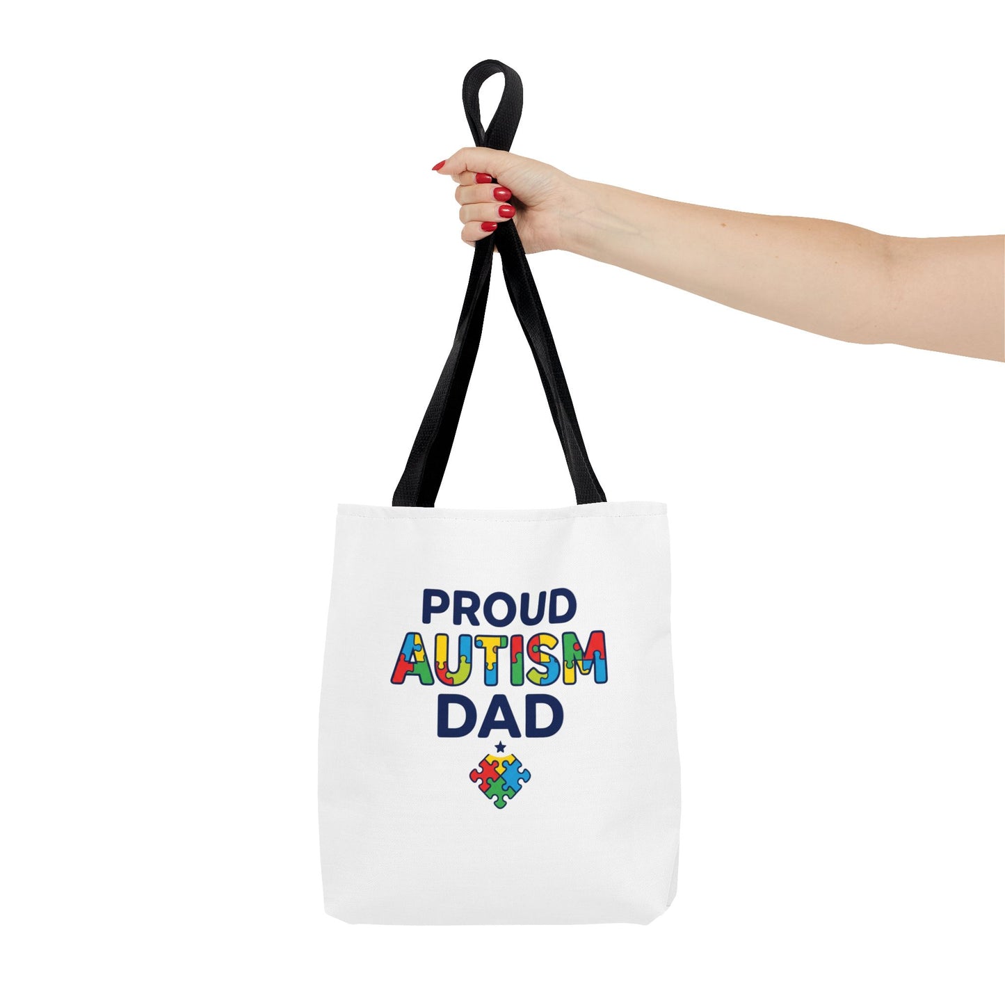 Proud Autism Dad Tote Bag — Colorful Puzzle-Heart Support Gift