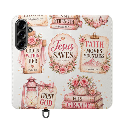 Christian Floral Phone Flip Case — "Jesus Saves" & Inspirational Scripture Wallet Cover
