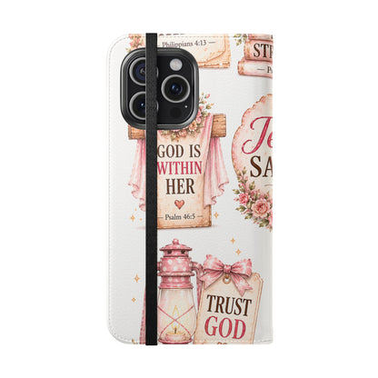 Christian Floral Phone Flip Case — "Jesus Saves" & Inspirational Scripture Wallet Cover