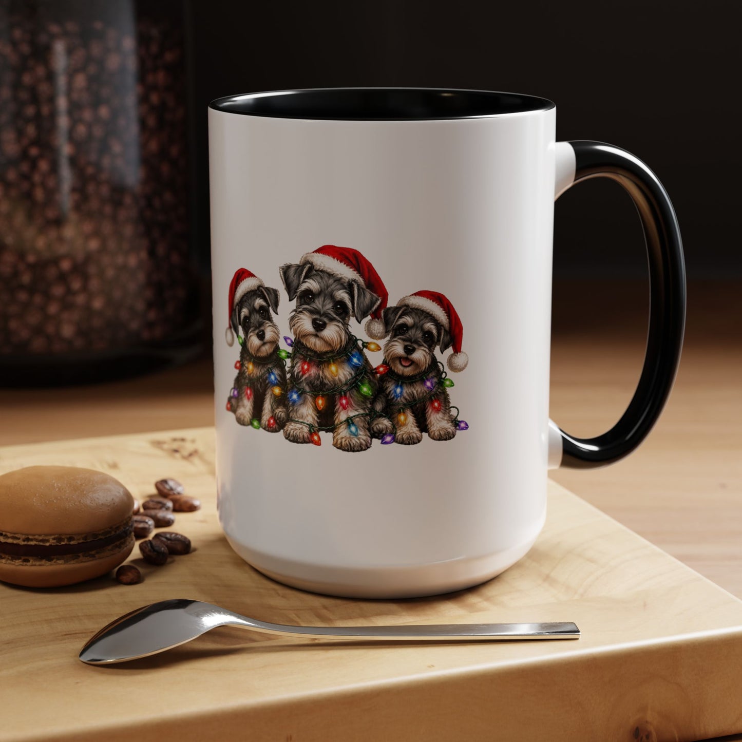 Christmas Puppy Coffee Mug — Cute Schnauzer Trio with Santa Hats & Holiday Lights (11/15oz)