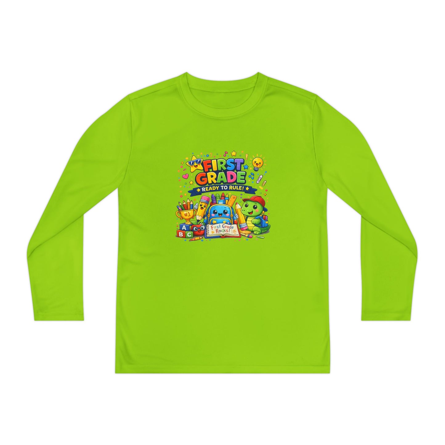 First Grade Ready Youth Long Sleeve Tee — "First Grade Here I Come" Back-to-School Shirt