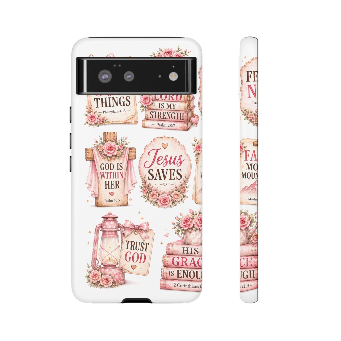 Christian Phone Case — Jesus Saves Floral Tough Case with 'God Is Within Her' & 'Trust God' Design