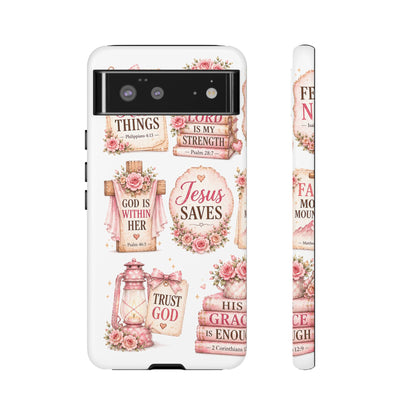Christian Phone Case — Jesus Saves Floral Tough Case with 'God Is Within Her' & 'Trust God' Design