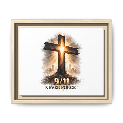 9/11 Never Forget Framed Canvas Wall Art — Memorial Cross Tribute