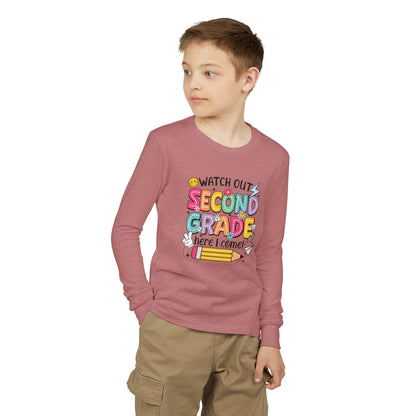 Second Grade Kids Long Sleeve Tee – “Watch Out Second Grade Here I Come!” Back-to-School Shirt