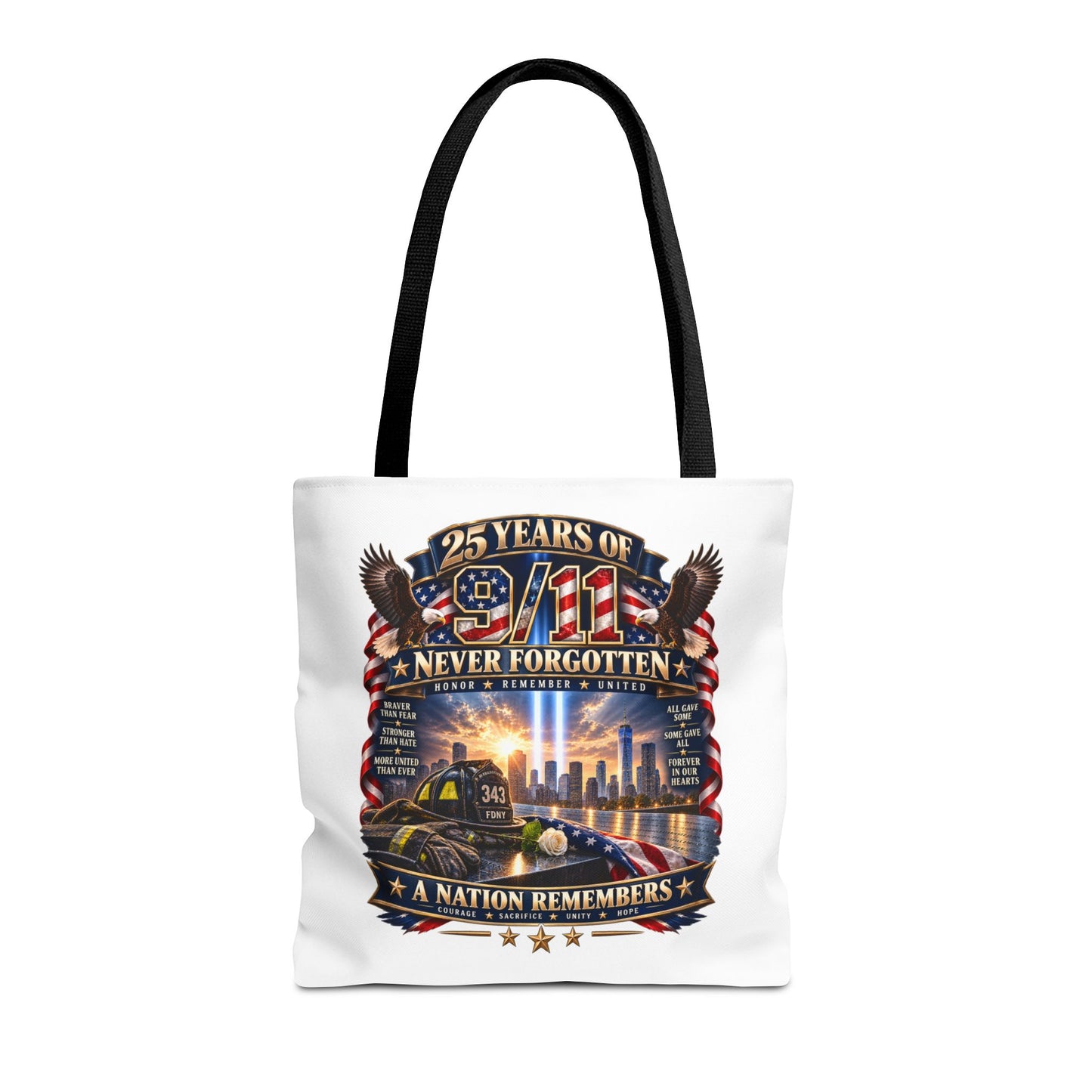 25 Years of 9/11 Never Forgotten Tote Bag – Memorial Tribute AOP