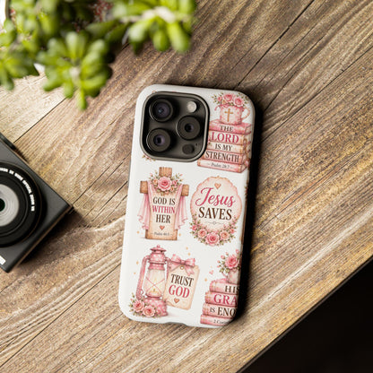 Christian Phone Case — Jesus Saves Floral Tough Case with 'God Is Within Her' & 'Trust God' Design