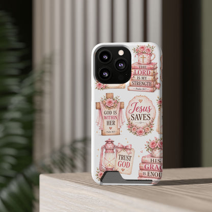 Christian Floral Phone Case with Card Holder — 'Jesus Saves' Inspirational Design