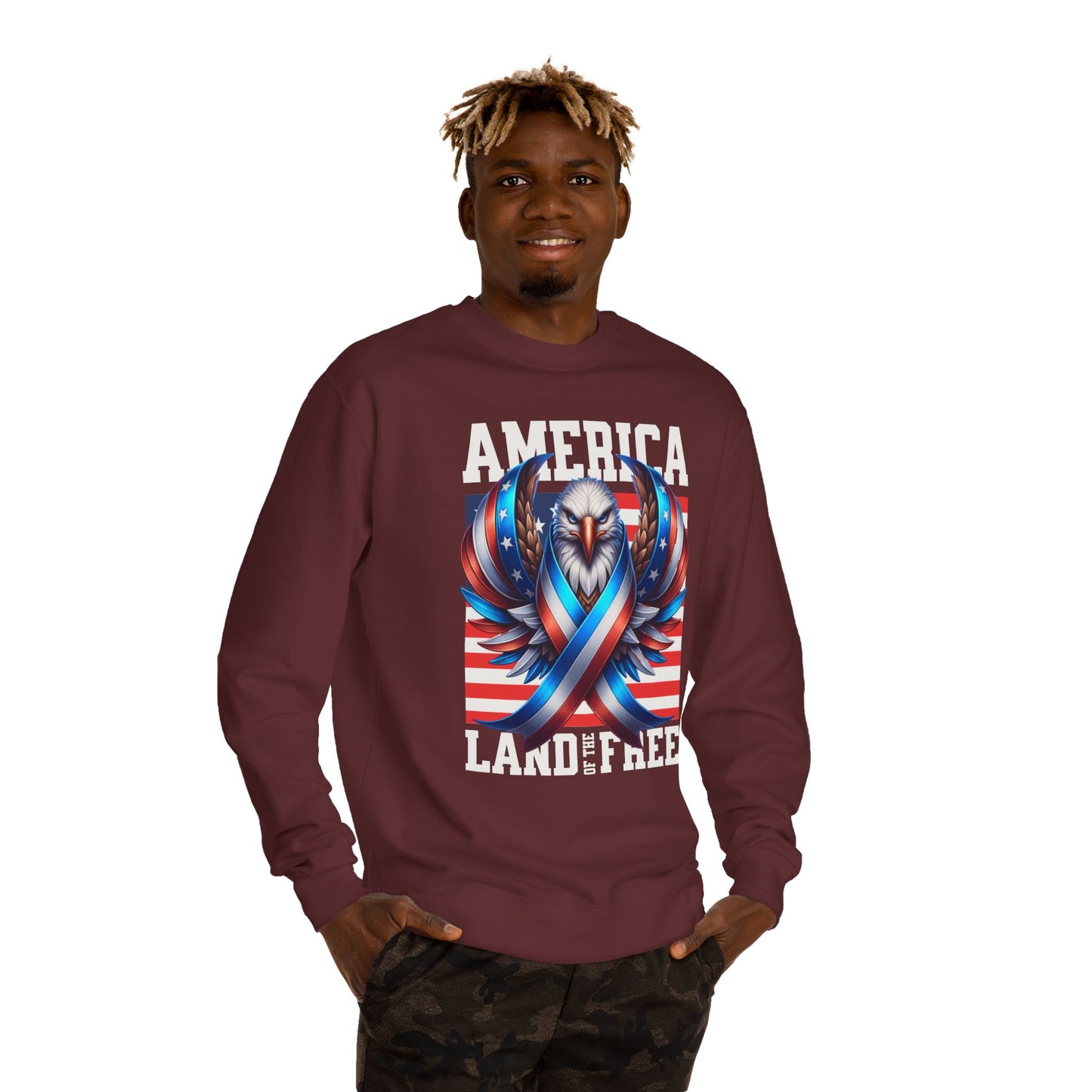 America Land of the Free Sweatshirt — Patriotic Eagle Ribbon Crewneck