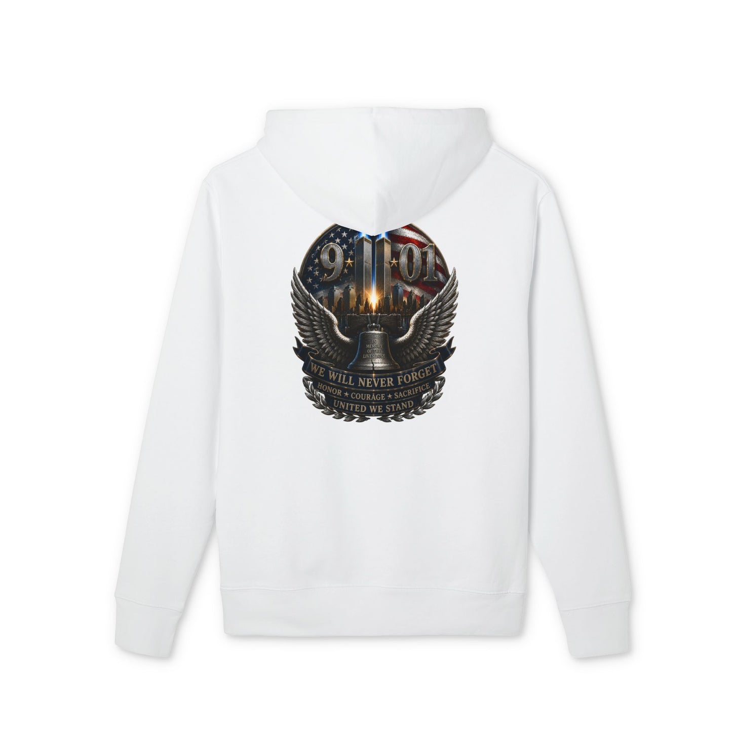 9/11 Never Forget Hoodie — Memorial American Flag Skull Design