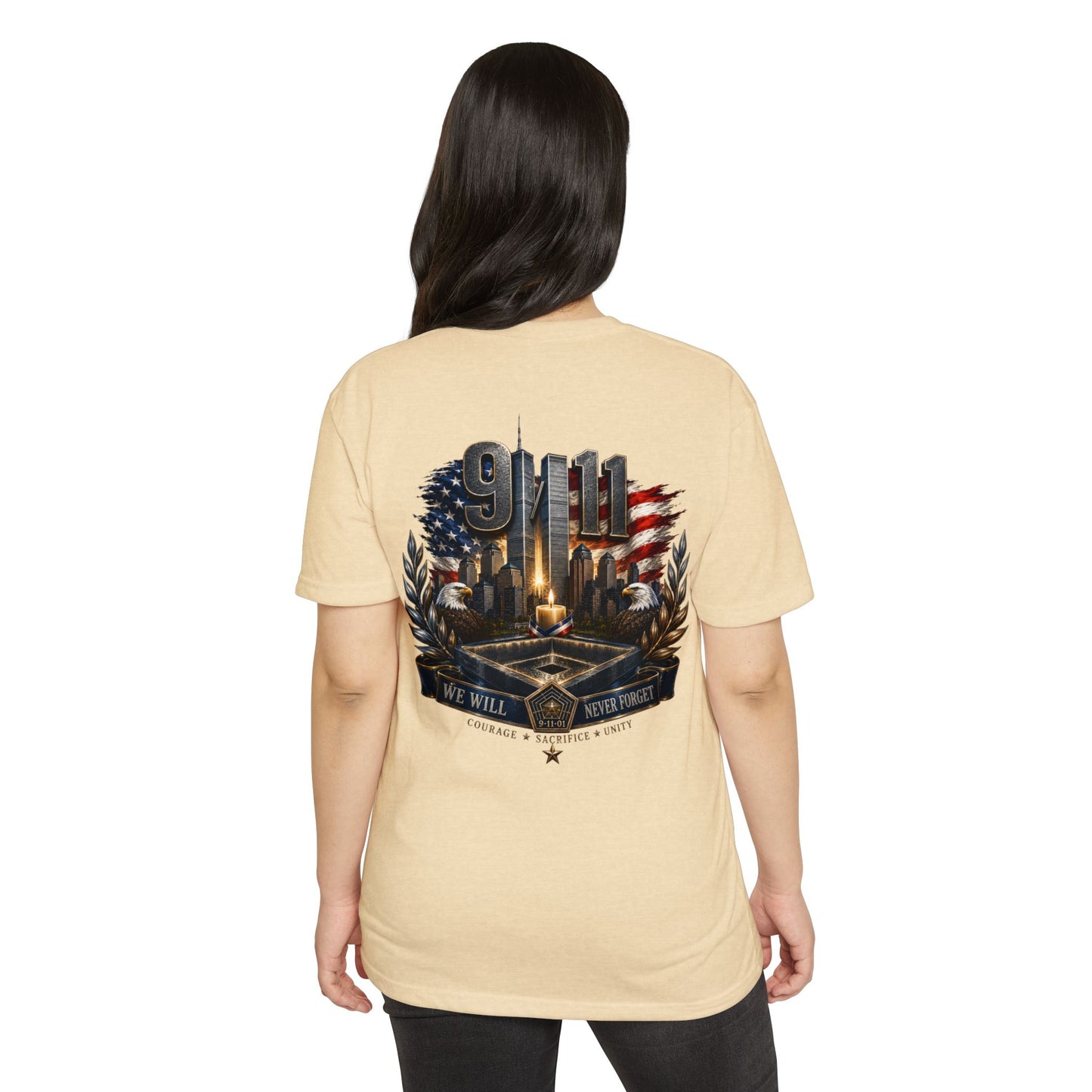 9/11 Never Forget Memorial T-Shirt — Tribute American Flag Skyline Tee