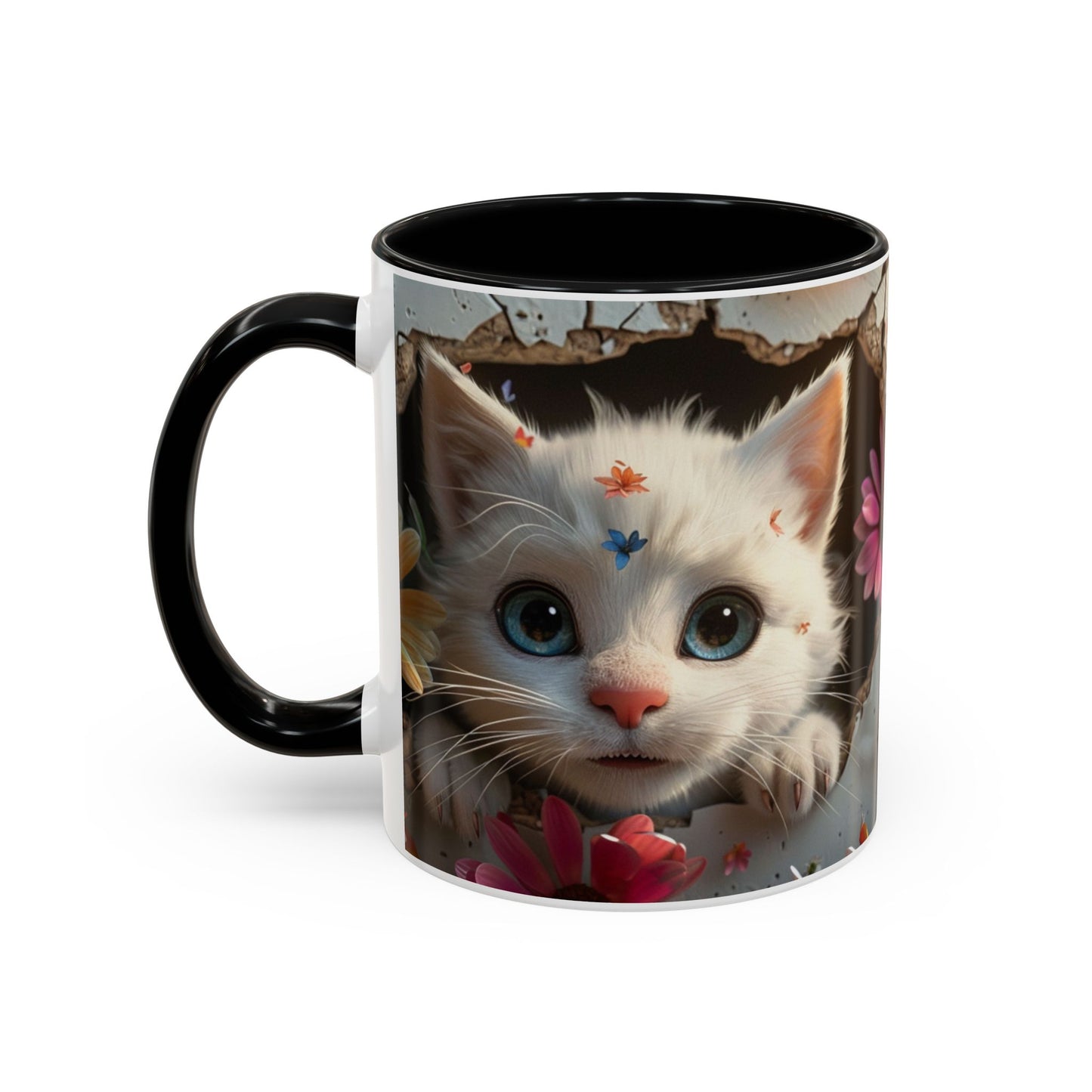 Cute White Kitten Coffee Mug – Floral Accent 11/15oz