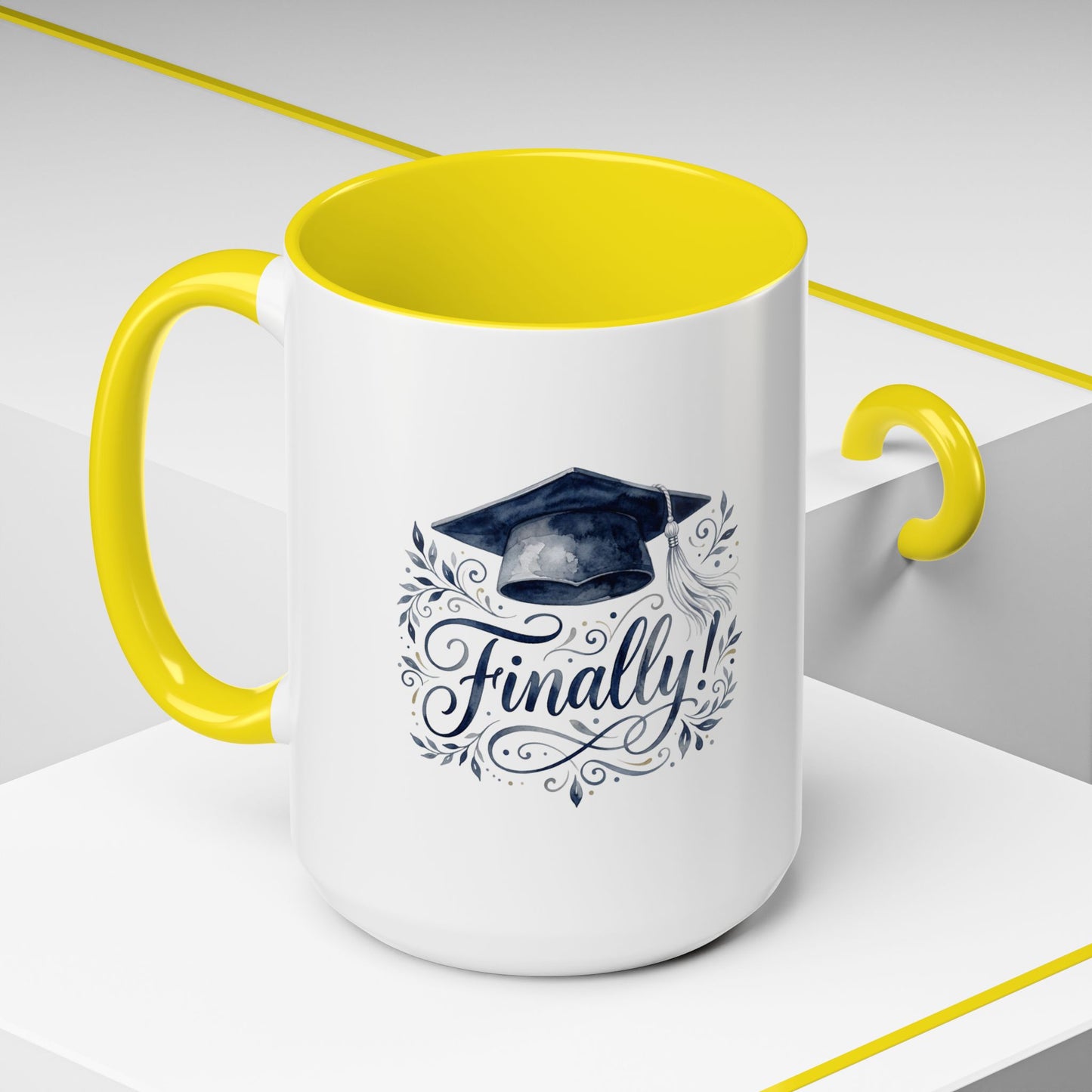 Graduation Coffee Mug — "Finally!" Cap Design (11/15oz)