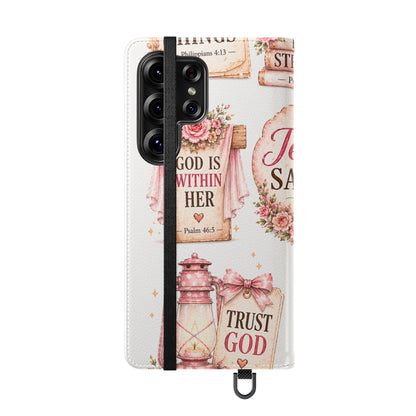 Christian Floral Phone Flip Case — "Jesus Saves" & Inspirational Scripture Wallet Cover