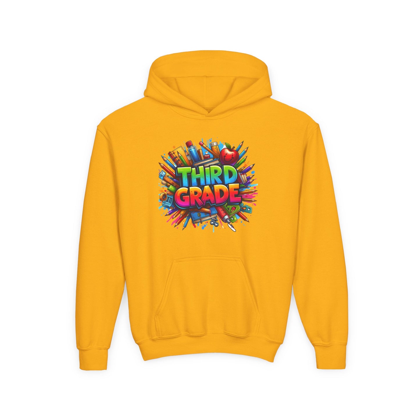 Third Grade Kids Hoodie — Colorful School Supplies Back-to-School Sweatshirt