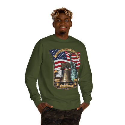 Liberty 250th Anniversary Sweatshirt — USA Flag, Statue of Liberty & Liberty Bell Design