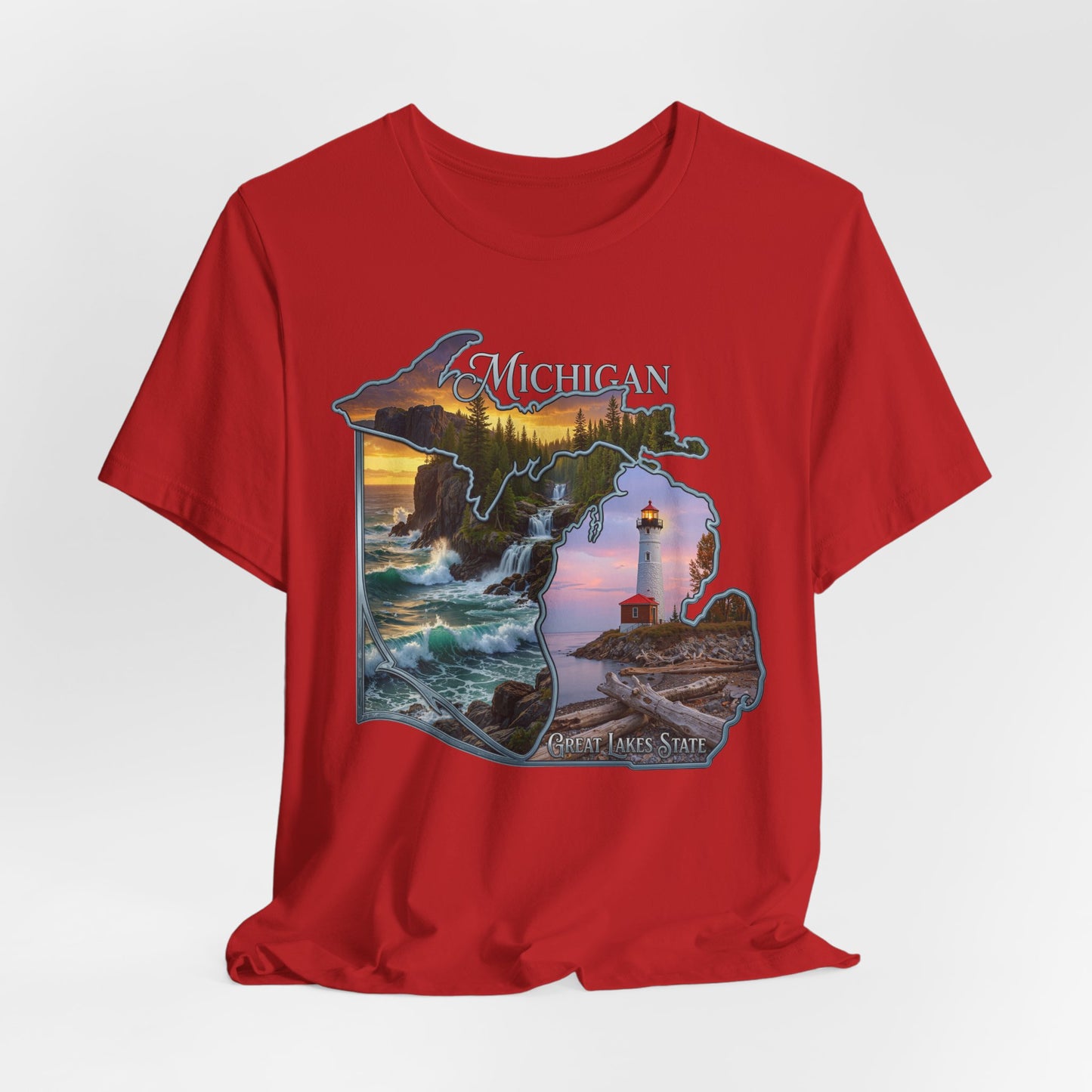Michigan Scenic Map T-Shirt — Great Lakes Lighthouse Sunset Tee