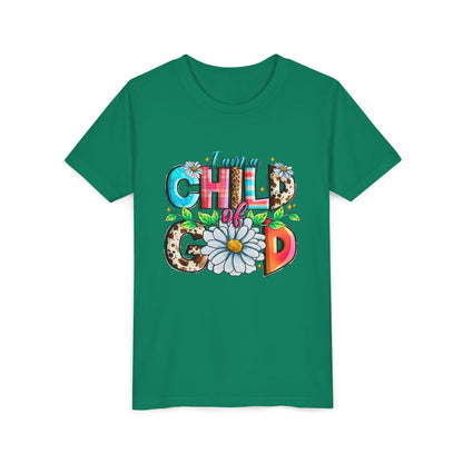 Youth Tee — "I Am a Child of God" Floral Christian Graphic