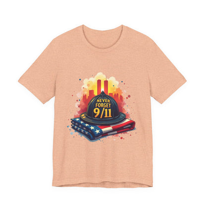 Never Forget 9/11 Memorial T-Shirt — Firefighter Helmet & Flag Tribute Tee