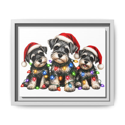 Christmas Schnauzer Canvas Print — Festive Puppies in Santa Hats (Matte Framed)
