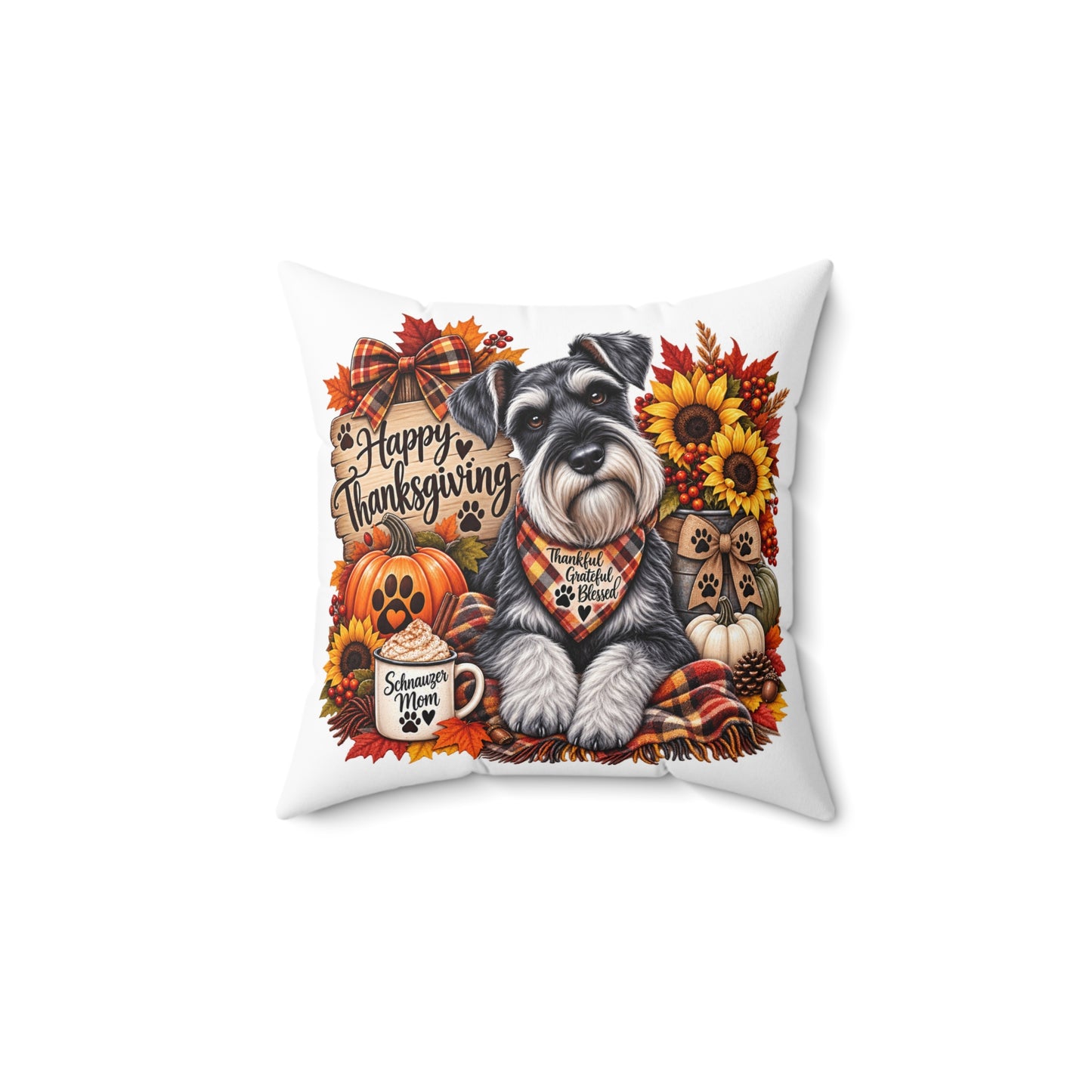Happy Thanksgiving Schnauzer Pillow — Fall Decor Square Cushion