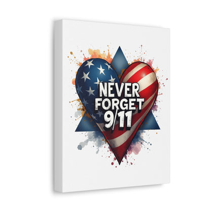 Never Forget 9/11 American Flag Heart Stretched Canvas