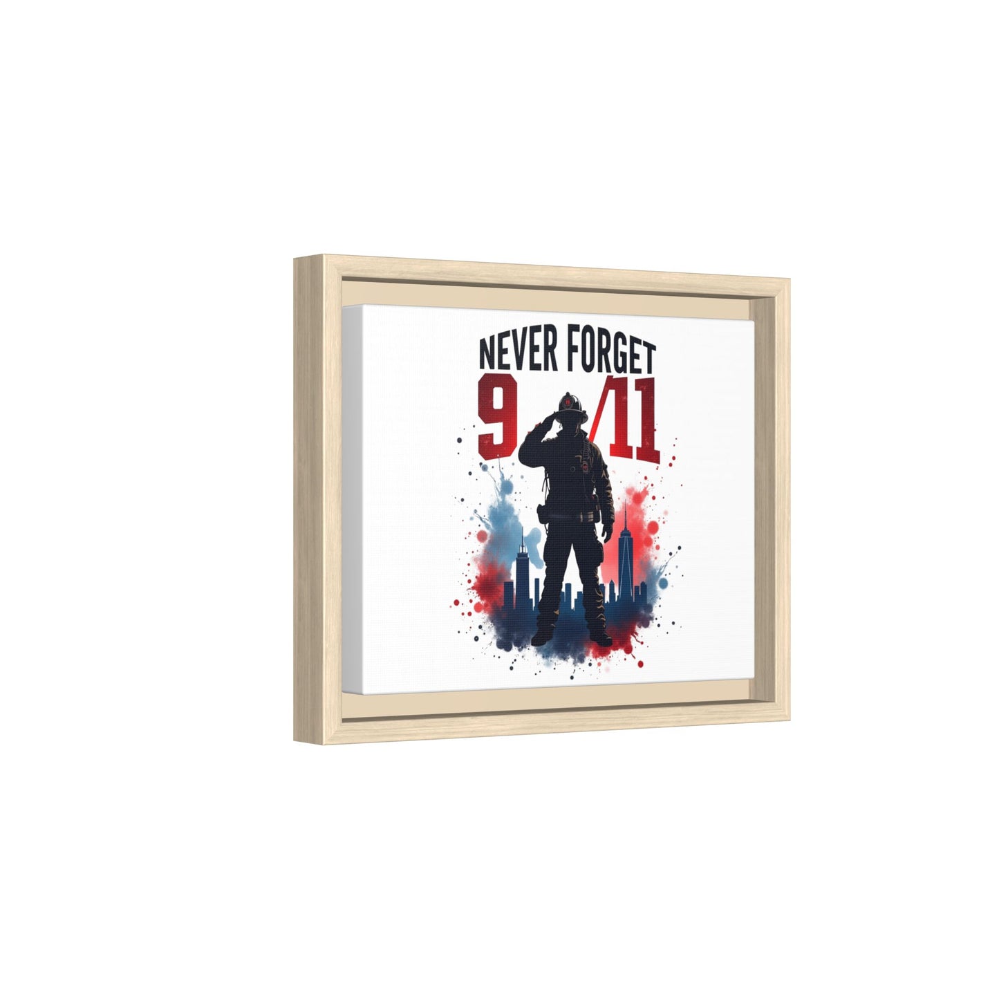 Never Forget 9/11 Framed Canvas Print — Patriotic Firefighter Memorial Art